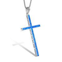 wholesale 925 Sterling Silver Blue Opal Cross Pendant with Philippians and I CAN DO ALL THINGS Inscription - Christian Jewelry for Women Men- Rhodium Plated