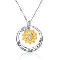 wholesale 925 Sterling Silver Sunflower Necklace w/ Gold Plated Circle Pendant & CZs - You Are My Sunshine Message Charm for Women/Girls Mothers' Day/Birthday Gifts-0-0