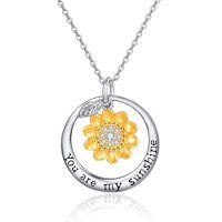 wholesale 925 Sterling Silver Sunflower Necklace w/ Gold Plated Circle Pendant & CZs - You Are My Sunshine Message Charm for Women/Girls Mothers' Day/Birthday Gifts- Rhodium Plated