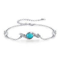 wholesale 925 Sterling Silver Turquoise Feather Charm Bracelet for Women- Rhodium Plated