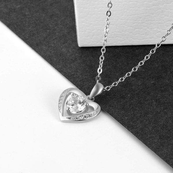 Sterling Silver Cubic Zirconia Love Heart Pendant Necklace-3