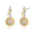 wholesale 925 Sterling Silver Gold-Plated Cubic Zirconia Sunflower Drop Earrings with Leaves and Stones for Women Girls  4cm Long-0-0