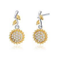 wholesale 925 Sterling Silver Gold-Plated Cubic Zirconia Sunflower Drop Earrings with Leaves and Stones for Women Girls  4cm Long- Two Tone