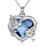 wholesale 925 Sterling Silver Heart-Shaped Blue Topaz Crystal Hummingbird Cremation Jewelry Urn Pendant Necklace with Funnel and Fill Tool- Rhodium Plated