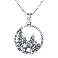 wholesale 925 Sterling Silver Wolf in Forest Circle Pendant Necklace Norse Viking Jewelry for Men & Women- Oxidized/Oxidised
