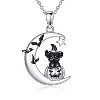 wholesale 925 Sterling Silver Halloween Witch Cat Crescent Moon Star Pumpkin Charm Pendant Necklace- Two Tone