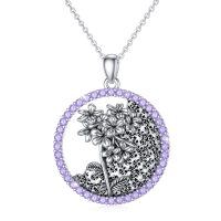 wholesale 925 Sterling Silver Purple Crystal Floral Pendant Necklace for Women Anniversary Gift- Oxidized/Oxidised