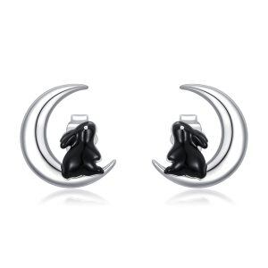 Sterling Silver Moon Rabbit Stud Earrings-0