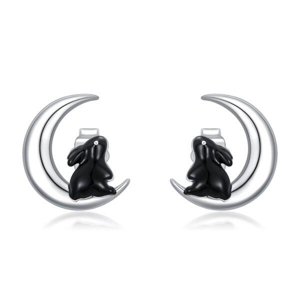 Sterling Silver Moon Rabbit Stud Earrings-0