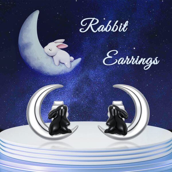 Sterling Silver Moon Rabbit Stud Earrings-3