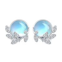 wholesale 925 Sterling Silver Blue Moonstone Leaves Stud Earrings for Women- Sliver Plated