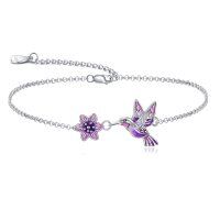wholesale 925 Sterling Silver Purple Enamel Flower & Hummingbird Charm Bracelet for Women- Sliver Plated