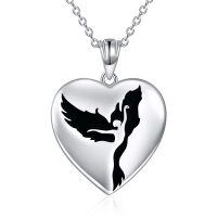 wholesale 925 Sterling Silver Heart-Shaped Pendant with Black Enamel Phoenix Design Necklace for Women- Rhodium Plated