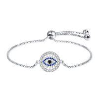 wholesale 925 Sterling Silver Evil Eye Charm Adjustable Bracelet for Women- Rhodium Plated