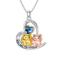 wholesale 925 Sterling Silver Cat & Blue Crystal Heart Pendant Necklace for Women- Tri