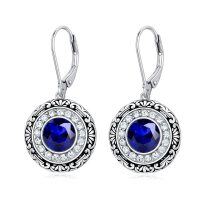 wholesale 925 Sterling Silver Round Blue Sapphire & Crystal Halo Dangle Leverback Earrings- Sliver Plated