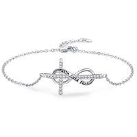 wholesale 925 Sterling Silver Infinity Cross Charm Bracelet with Faith Over Fear Engraving for Women- Rhodium Plated