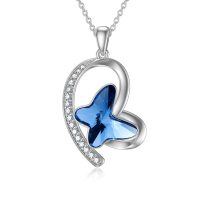 wholesale 925 Sterling Silver Blue Butterfly Crystal Necklace for Women- Sliver Plated