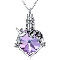 wholesale 925 Sterling Silver Heart-Shaped Purple Crystal Hummingbird Keepsake Pendant Necklace- Oxidized/Oxidised