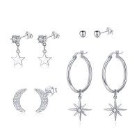 wholesale 925 Sterling Silver 925 Moon & Star Hoop Dangle Studs Jewelry Set for Women- Sliver Plated