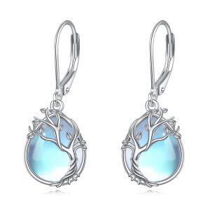 Sterling Silver Tree of Life Monstone Drop Earrings-0