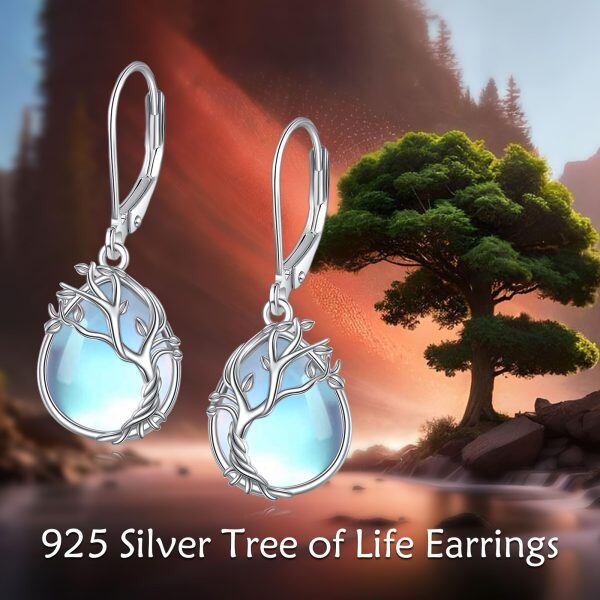 Sterling Silver Tree of Life Monstone Drop Earrings-2