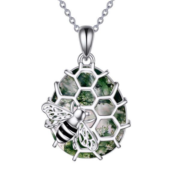 Sterling Silver Bee Moss Agate Pendant Necklace-0