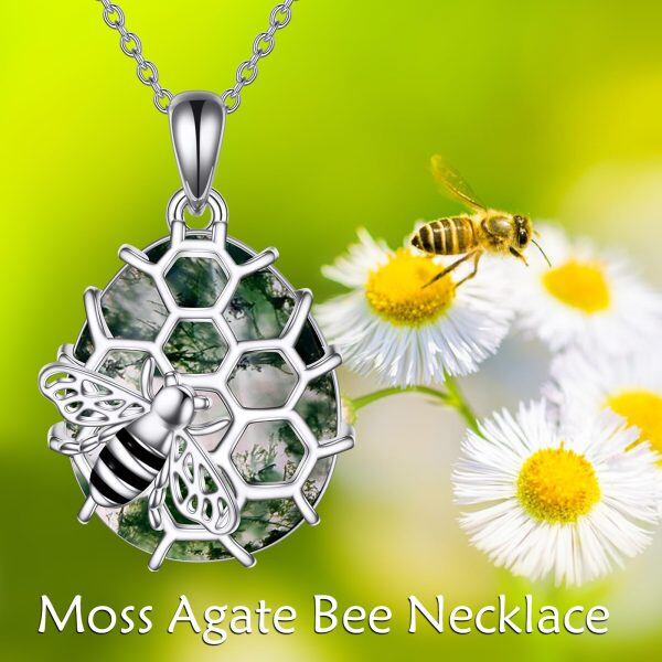 Sterling Silver Bee Moss Agate Pendant Necklace-3