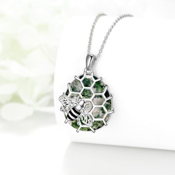 Sterling Silver Bee Moss Agate Pendant Necklace-4