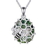 wholesale Sterling Silver Moss Agate Bee Necklace for Women Jewelry Gift - Rhodium Plated- Rhodium Plated