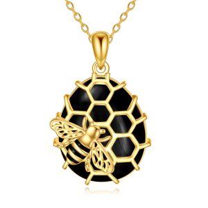 Sterling Silver Bee Onyx Pendant Necklace-0