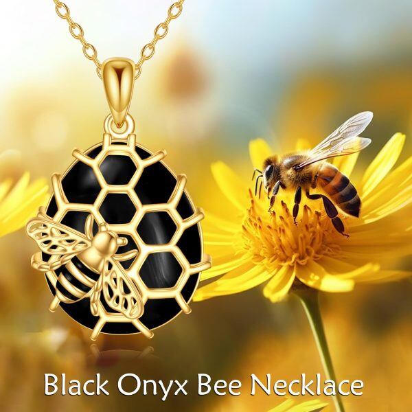 Sterling Silver Bee Onyx Pendant Necklace-1