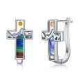 wholesale 925 Sterling Silver Cross & Mountain Design Huggie Hoop Earrings with Multicolor Inlay Stones for Women-0-0