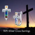 wholesale 925 Sterling Silver Cross & Mountain Design Huggie Hoop Earrings with Multicolor Inlay Stones for Women-0-2