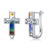 wholesale 925 Sterling Silver Cross & Mountain Design Huggie Hoop Earrings with Multicolor Inlay Stones for Women- Rhodium Plated