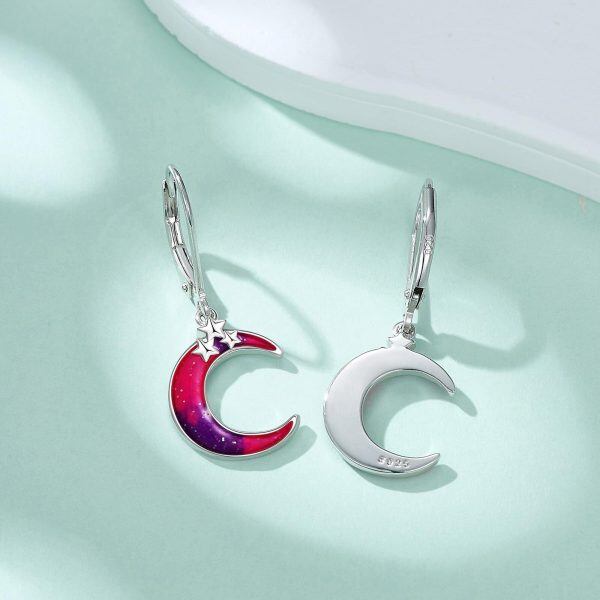 Sterling Silver Colorful Enamel Moon and Star Drop Earrings-4