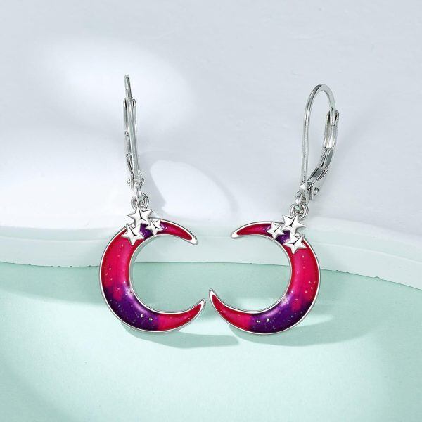 Sterling Silver Colorful Enamel Moon and Star Drop Earrings-5