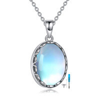 wholesale 925 Sterling Silver Blue Moonstone Oval Locket Pendant Necklace with Chain and Funnel Set - 48cm Length- Oxidized/Oxidised