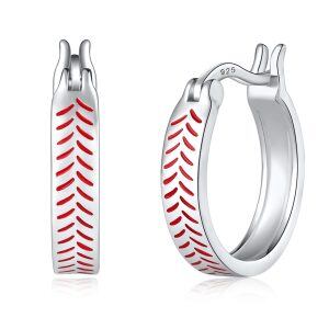 Sterling Silver Rhodium Plated Baseball Hoop Earrings-0