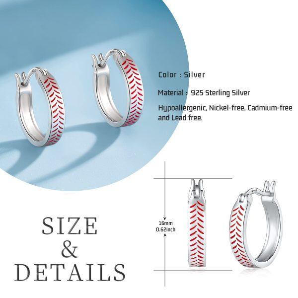 Sterling Silver Rhodium Plated Baseball Hoop Earrings-1