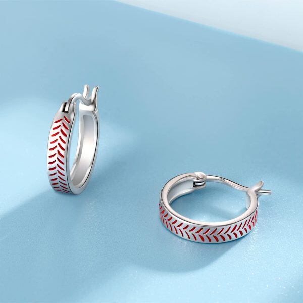 Sterling Silver Rhodium Plated Baseball Hoop Earrings-2