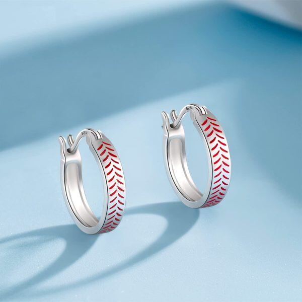 Sterling Silver Rhodium Plated Baseball Hoop Earrings-3