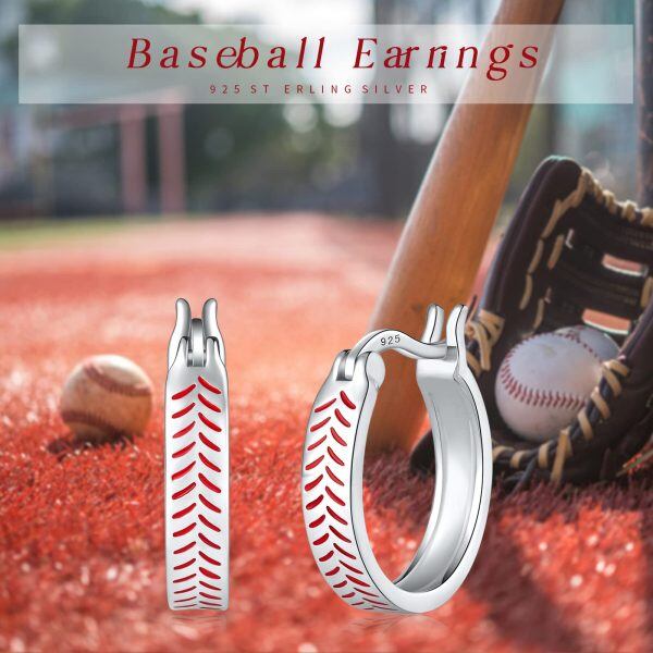 Sterling Silver Rhodium Plated Baseball Hoop Earrings-6