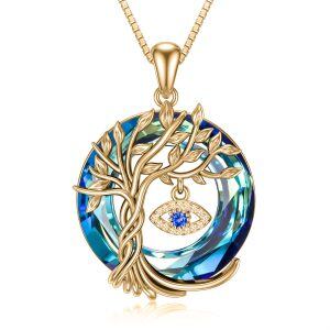 Sterling Silver Tree of Life And Blue Evil Eye Pendant Necklace With Circle Crystal-0