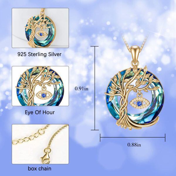 Sterling Silver Tree of Life And Blue Evil Eye Pendant Necklace With Circle Crystal-1