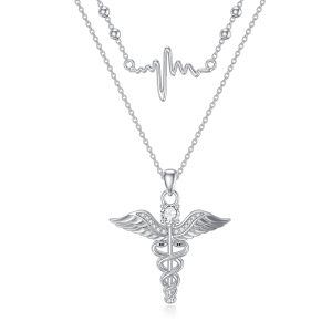 Sterling Silver Caduceus Angel Layered Necklace-0