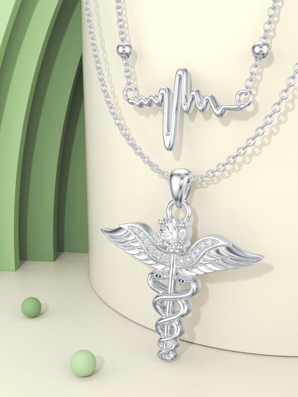 Sterling Silver Caduceus Angel Layered Necklace-4