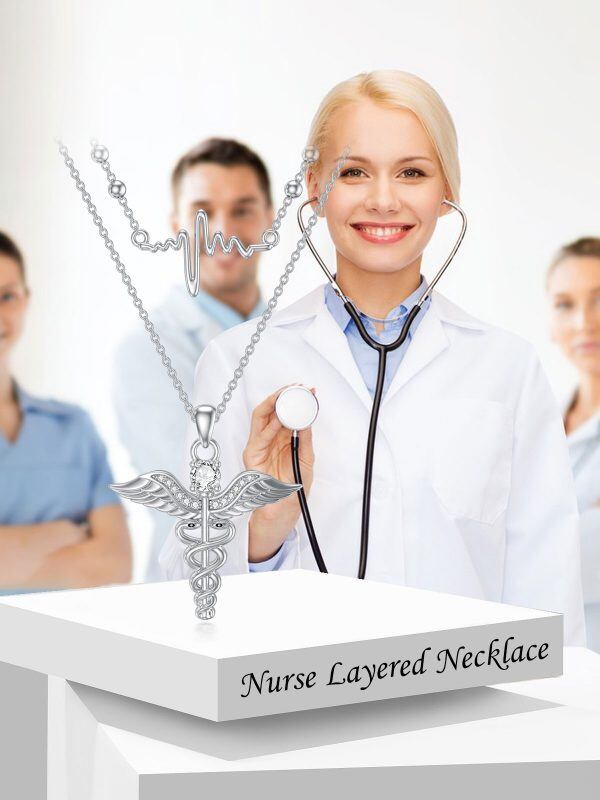 Sterling Silver Caduceus Angel Layered Necklace-5