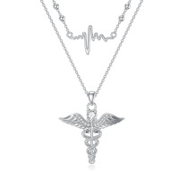 wholesale 925 Sterling Silver Heartbeat & Caduceus Necklace with CZ Stones - Nurse Doctor Medical Student Graduation Gift- Rhodium Plated