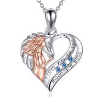 wholesale 925 Sterling Silver Rose Gold Unicorn Heart Pendant Necklace with Blue Crystals and Engraved Message I Love You to the Moon and Back for Women- Rhodium And Rose Gold Plated